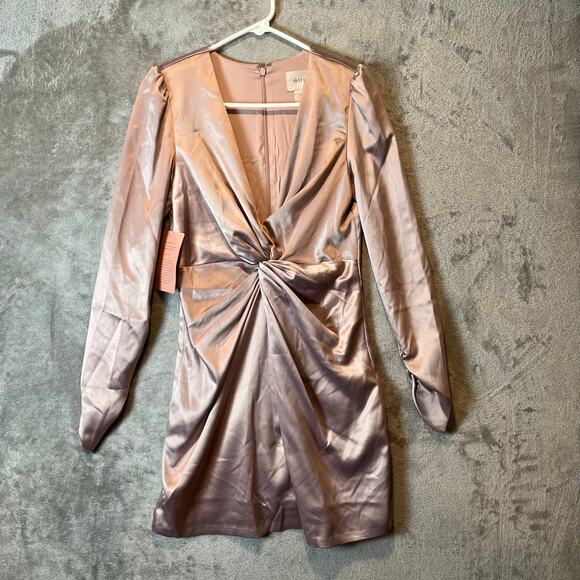 BHLDN Sabrina Stretch Satin Long Sleeve Mini Dress Size Small Dusty Mauve New - Picture 1 of 10